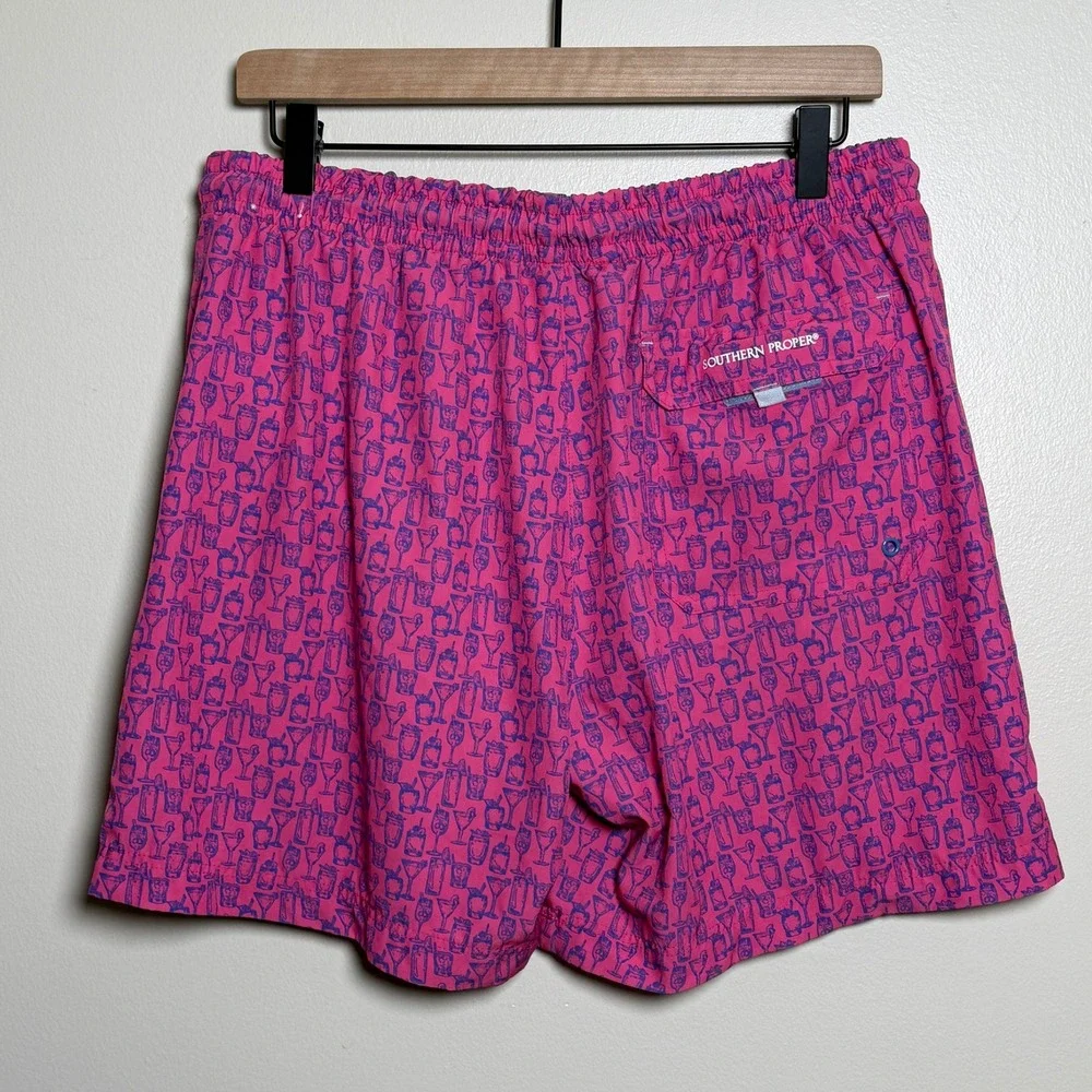 Southern Proper Mens XXL Pink Cocktail Print Swim Trunks Mesh Lined Board Shorts